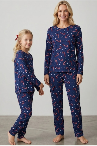 Siyah İnci %100 Pamuklu Şeker Baston Desenli Yılbaşı Temalı Örme Pijama Takım Lacivert Baston