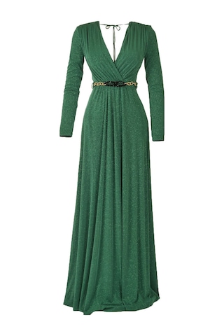 Explosion Maxi Abiye Elbise: Uzun Kol, V Yaka, Şık Kemer Detayı Yeşil