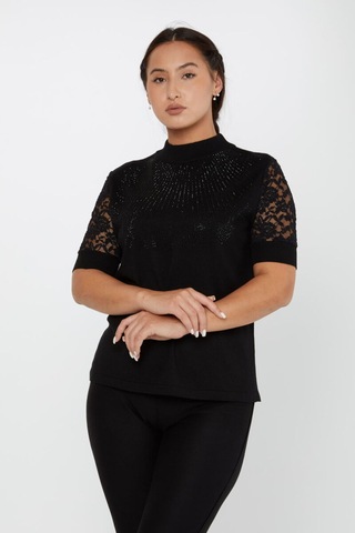 Kazee Kolları Dantel Detaylı Triko Bluz Siyah - 799313730 Siyah