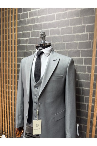 Dupont Classics Erkek Slim Fit 6 Drop Sivri Yaka Yelekli Poliviskon Çift Yırtmaç Takım Elbise Açık Gri