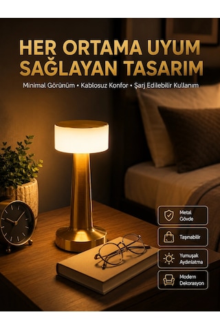 Kablosuz Renkli Masa Ve Gece Lambası Altın Rengi Dokunmatik Led Lamba Antrasit Melanj