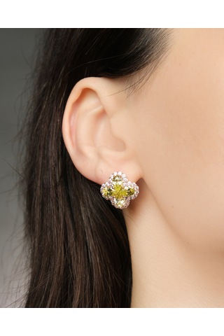 Lekka Design Kadın Kararmaz Çelik Lüks Takı Yeşil Zirkon Taşlı Yonca Küpe Altın