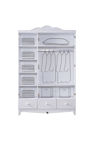 Flower Çocuk Odası Takımı, Flower Yavrulu Karyola, 3 Kapaklı Dolap - Beyaz Renkli