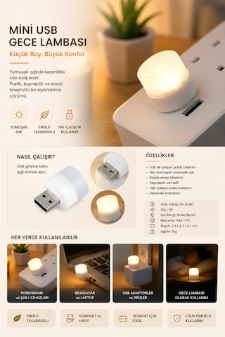 Taşınabilir Mini Usb Led Gece Lambası Tak Çalıştır 1w Sıcak Beyaz Işık Enerji Tasarruflu Kitap Okuma Aydınlatması Powerbank Kamp Laptop Araç İçi