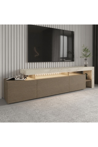 Beliz Modern Led Işıklı 3 Kapaklı, Raflı Tv Sehpası 192 Cm Traverten/sıcak Meşe