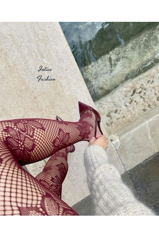 Intive Fashion Jane Büyük Çiçek Desenli File Modern Külotlu Çorap Bordo-siyah Bordo