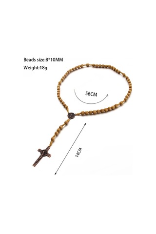 Ahşap Boncuk El Yapımı Tel Vintage Haç Kolye Koyu Kahve Çok Renkli