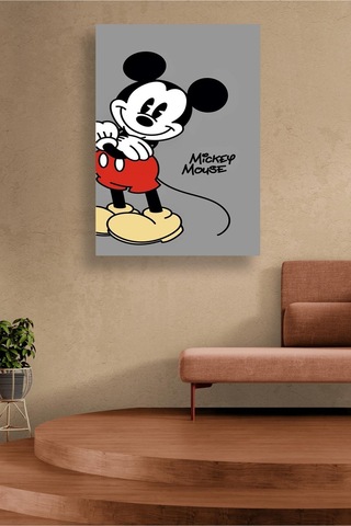 Mickey Mouse Gri Arka Planlı Modern Çizgi Karakter Tasarım Eğlenceli Çocuk Odası Kanvas Tablo
