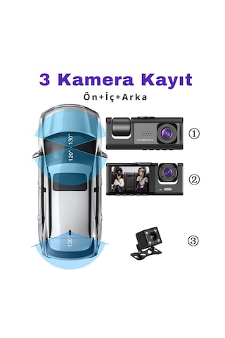 Daytona T717 Dash Cam Araç Içi Kamera 1080p+720p Full Hd Araç Içi Kamera Ön,arka Ve Iç Kayıt 3 Kamera Gece Görüşlü G Sensör Geniş Açı