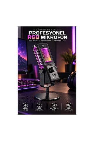 Robeve Yk-mc673 Profesyonel Rgb Oyuncu Mikrofonu Ve Yayıncı Mikrofonu Usb Type-c Mikrofon, Cardioid Ses Yakalama, Gürültü Azaltma, Ses Kontrolü, Gaming, Podcast, Canlı Yayın Ve Pc Mikrofonu