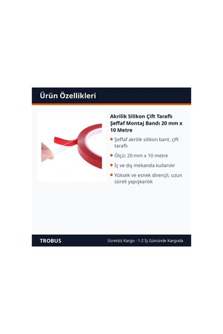 Trobus Akrilik Silikon Çift Taraflı Şeffaf Montaj Bandı 20 Mm X 10 Metre