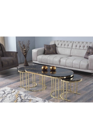 Premium Oval 2+1 Coffee Table Membrane Mdf Orta Sehba Lüx Zarif Tasarım Premium Siyah Gold