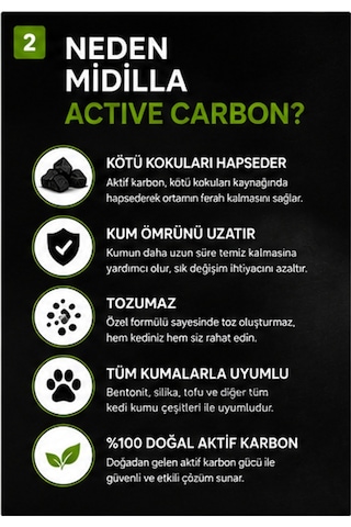 Midilla Active Carbon Kedi Kumu Koku Giderici 4 X 250 G %100 Gerçek Aktif Karbon Toplam 1.000 G