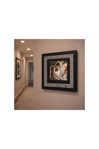 Kişiye Özel Fotoğraflı Kare Çerçeve 20x20 Cm Siyah Kumaş & Taşlı Tasarım