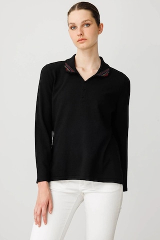 Desen Triko Kadın Polo Yaka Likralı Bluz 25091 Siyah Siyah