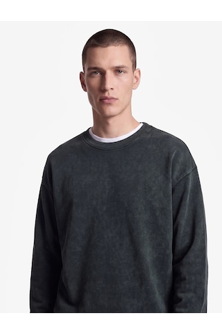 Koton Uzun Kollu Üç İplik Yıkamalı Rahat Kalıp Pamuklu Bisiklet Yaka Sweatshirt Antrasit 7wam70154mk