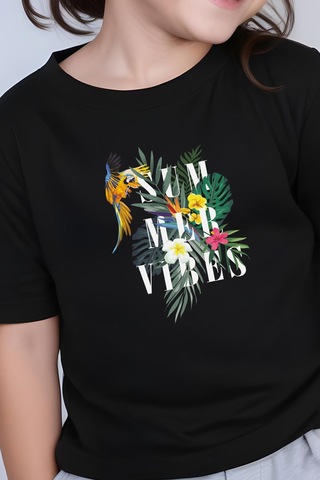 Fyk Kids Kız Çocuk Basic Summer Papağan Baskılı T-shirt Siyah
