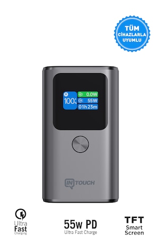 10.000mah Ultra Hızlı Şarj 55w Tft Ekranlı Powerbank - Premium Serisi Gri - Siyah