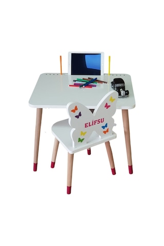 Liva Ahşap Çocuk Aktivite Masa Sandalye Takımı Tekli Kelebekli- Tablet, Kalemlik Yeri, Yaz Sil Özellikli Yüzey Beyaz