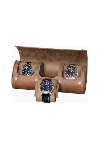 Rothwell 3 Saatlik Watch Roll, Deri Seyahat Rulosu, Koruyucu Bölmeli Tasarım Saat Kutuları Bronz