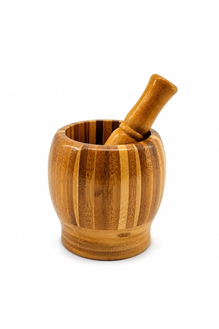 Ahşap Bambu - Çizgili Havan Sarımsak Dövecek Ç: 8cm--d: 7cm--y:10.5cm Fileli Ambalaj 5332