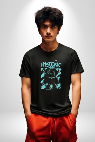 Histerik Unisex Unisex Siyah Organik Baskılı T-shirt Penye Yüksek Kalite Siyah