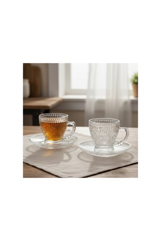 Güneş Desen Cam 6 Kişilik Tabaklı Büyük Çay Fincan Seti 6 X 210 Ml Şeffaf