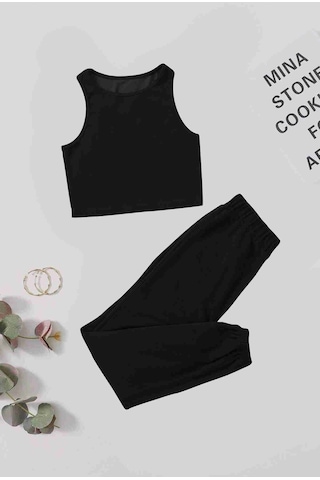 Merry See Tek Renk 1 Takım Kolsuz Polarlı Alt Üst Pijama Takımı Siyah 001
