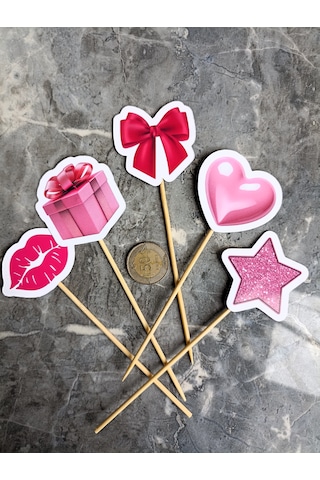 15 Adet Pembe Kalp Yıldız Pasta Kürdanı 5cm Cupcake Pasta Süsü