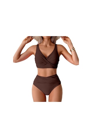 2 Adet/set Kadın Bikini Seti Derin V Yaka Dolgulu Telsiz Sütyen Yüksek Bel Yüzme Şortu Seti Düz Renk Yırtmaçlı Tasarım Plaj Giyim Kahve