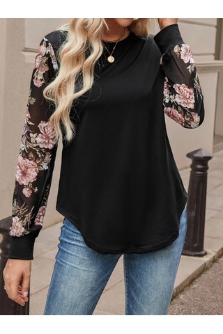 Kadın Uzun Kollu Bisiklet Yakalı Kolun Çiçek Desenli Viskon Iki Iplik Bluz Siyah