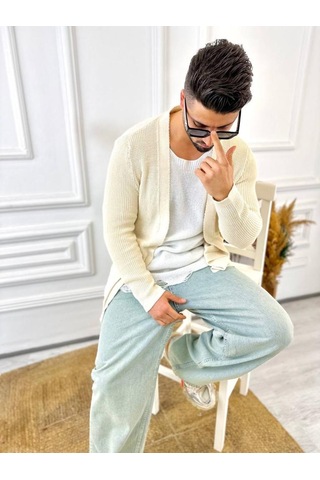 Elku Moda Hırka Örgülü Şal Yaka Mevsimlik Tüylenmez Örgü Triko Hırka Krem