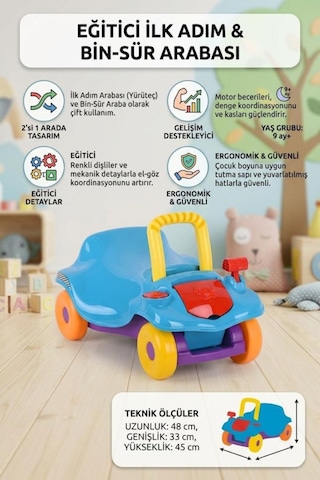 2'si 1 Arada İlk Adım Arabası Ve İlk Arabam Renkli Pratik Eğitici Bin-git Oyuncak Yürüteç Çok Renkli