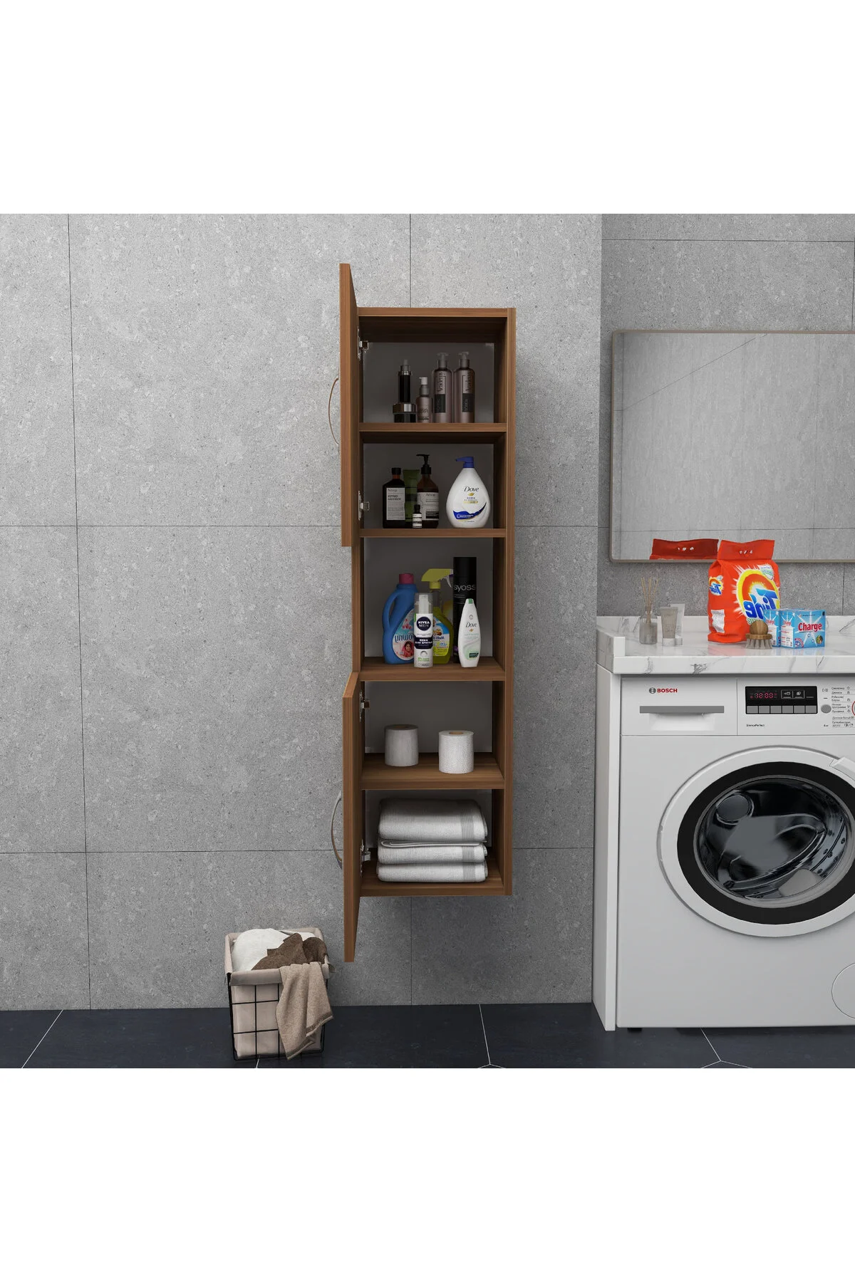 Irmak Mobilya 2 Kapaklı Bölmeli Banyo Asma Boy Dolabı Çok Amaçlı Duvara Monteli Dolap Ceviz