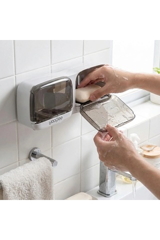 Kapaklı Katı Sabunluk 2 Bölmeli Duvara Monte Banyo Ve Mutfak Düzenleyici 000 Açık Krem