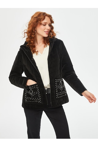 Trok Cepli Kadife Görünümlü Kapüşonlu Kapitone Mont 69435 U6943510 Siyah