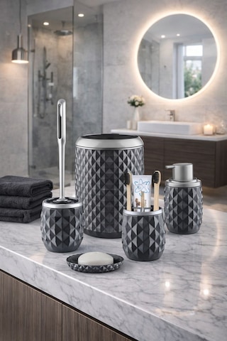 Decorev Geometrik Desenli Gri Banyo Aksesuar Seti – 5 Parça