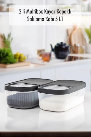 2'li 5 Lt Multibox Kayar Kapaklı Saklama Kabı & Erzak Kabı & Toz Ve Tablet Deterjan Kutusu Siyah
