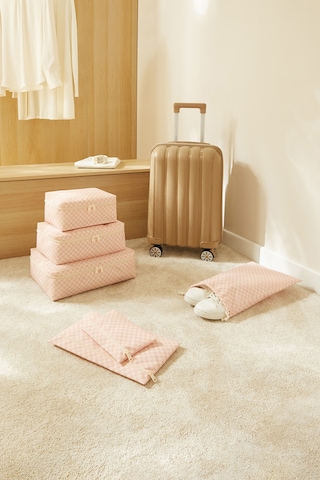 Ocean Home Textile 6'lı Pembe Dama Desen Pamuklu Bavul İçi Düzenleyici Set Pembe