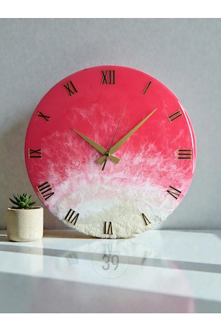 Pink Ocean Okyanus Duvar Saati 40 Cm Pembe & Beyaz Dalga Efektli Epoksi Saat Altın Rakamlı Lüks Tasarım, Sessiz Mekanizma Okyanus