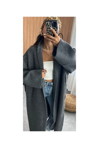 İkrafashion Maxi Boy Uzun Tesettür Triko Hırka Antrasit Antrasit