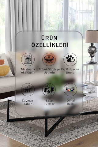Krem Halı 1491 - Yıkanabilir, Kaymaz Taban, Dijital Baskılı, Leke Tutmaz, İnce Hav, Modern Salon, Oturma Odası, Ya Çok Renkli