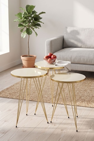 Northcity Zigon Sehpa Ve Orta Sehpa Elips Set Gold Krem Tel Altın - Krem