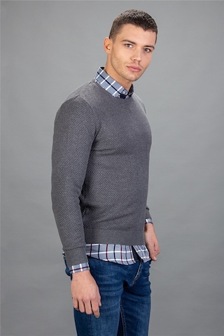 Tudors Slim Fit Dar Kesim Bisiklet Yaka Petek Desenli Erkek Kazak-15154 Gri