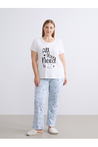Lcw Dream Mavi Büyük Beden Bisiklet Yaka Baskılı Kadın Pijama Takımı