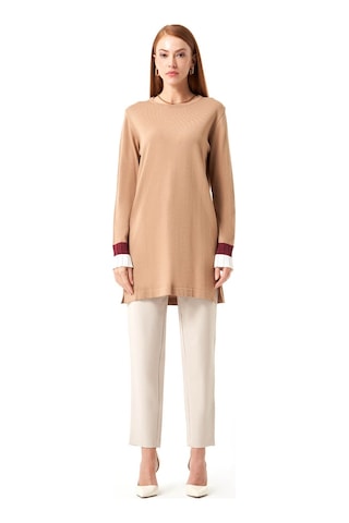 Mizalle Kol Piliseli Rayon Triko Camel-beyaz Tunik Camel