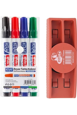 Kraf Doldurulabilir Beyaz Tahta Kalemi 4lü Ve Panda Mıknatıslı Yazı Tahtası Silgisi Set Çok Renkli