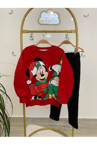 Kız Çocuk 3 İplik Şardonlu Alt Üst Taytlı Takım Yılbaşı Yeni Yıl Temalı 16088 Kırmızı