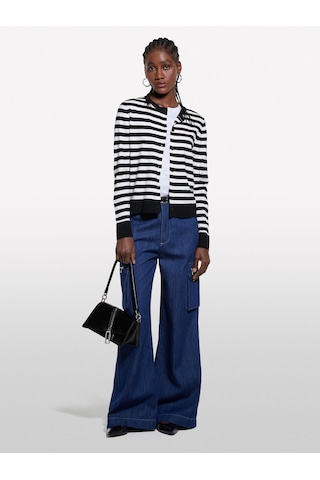 Sisley Viskoz Karışımlı Çizgili Bisiklet Yaka Slim Fit Hırka Kadın Siyah Hırka - 325p17q3l500m