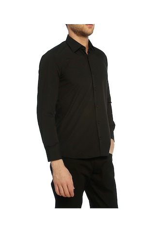 Siyah Slim Fit Uzun Kol Düz Renk Erkek Gömlek // 151-20 Siyah